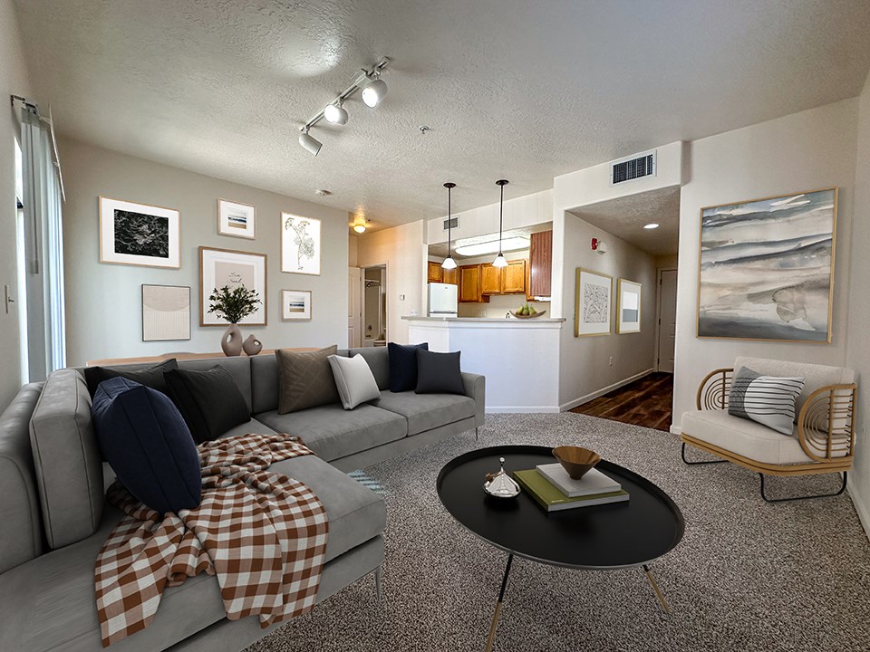Liberty Midtown 1 Bedroom Apartment Salt Lake City, Utah, Carlyle floor plan, living room looking into kitchen, entry hallway